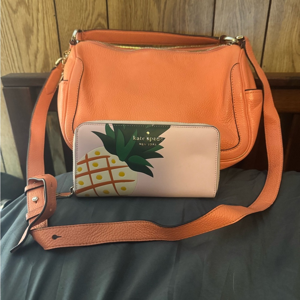 Kate Spade Orange Shoulder Bag with Pink Pineapple Wallet